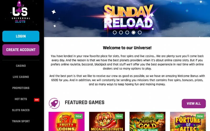 Universal Slots Casino Website Screenshot